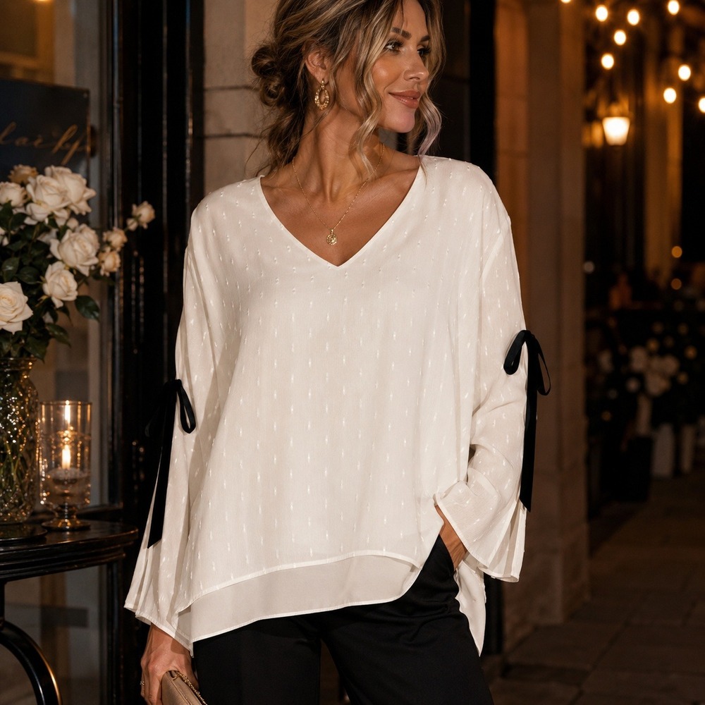 Black Label by Chicos Bow Sleeve Layered Top Sz 1 Ivory Swiss Dot Boho Romantic